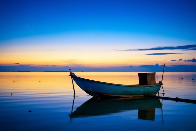 黄昏时海天一线的海面上的渔船倒影,高清,摄影图,摄影图片,图片大全,摄影图免费下载